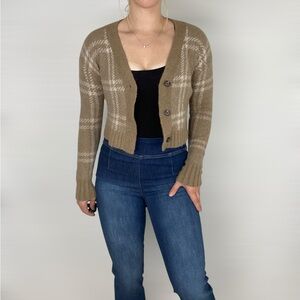 EVERLANE The Alpaca V‎ Neck Cropped Cardigan Button Plaid Taupe